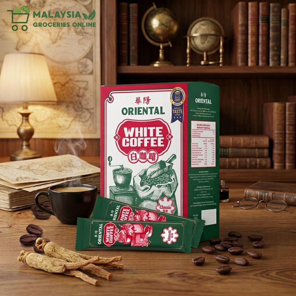 Oriental Teh Halia (Ginger Tea) / Royal Chocolate / Coffee Cham / Drip Coffee / Teh Tarik (Milk Tea) / Extra Kaw Kaw White Coffee / 2in1 White Coffee (No Sugar) / Roasted White Coffee / Classic White Coffee